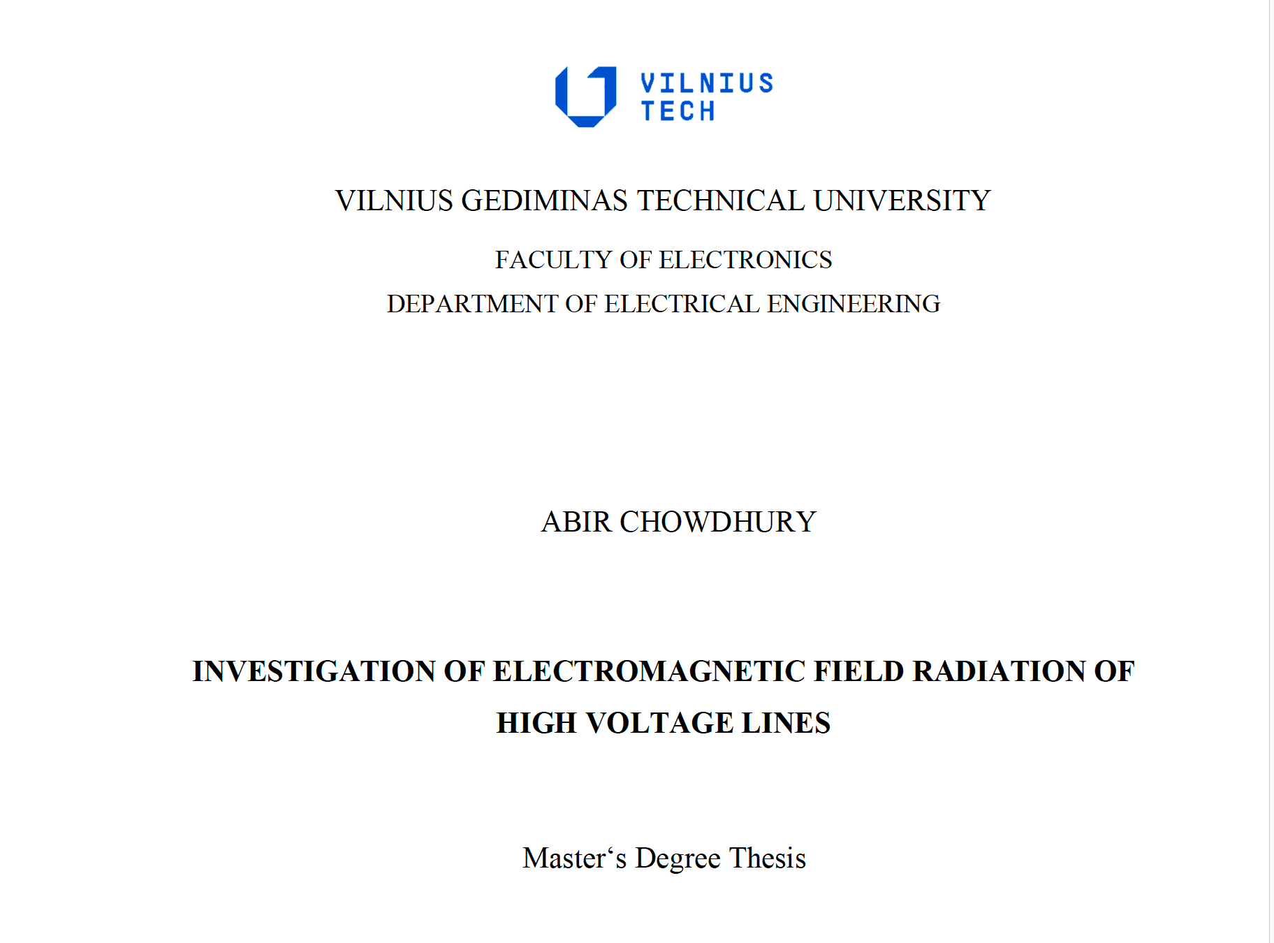 Master's Degree Thesis: Investigation of Electromagnetic Field Radiation of High Voltage Lines cover image